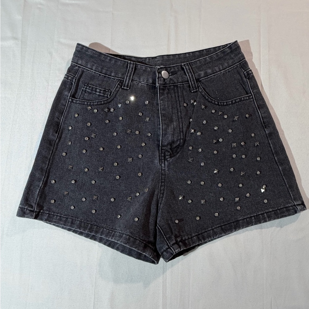 Studded Rhinestone Distressed Black Denim Shorts Size Small Festival Edgy